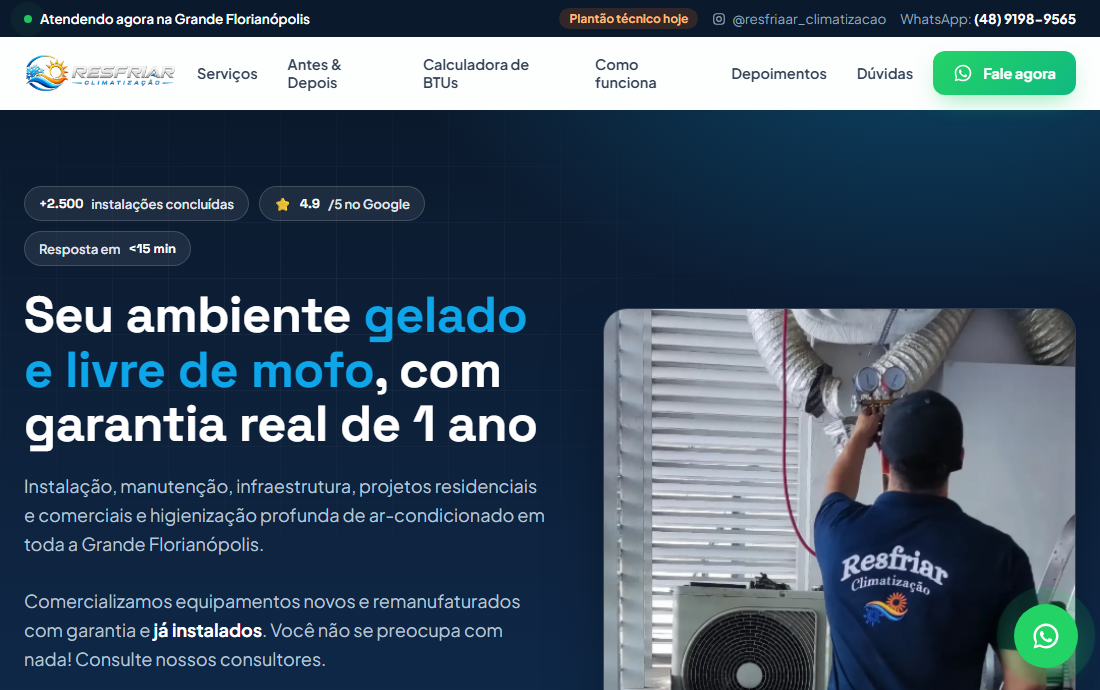 Página inicial do site da Resfriar Climatização